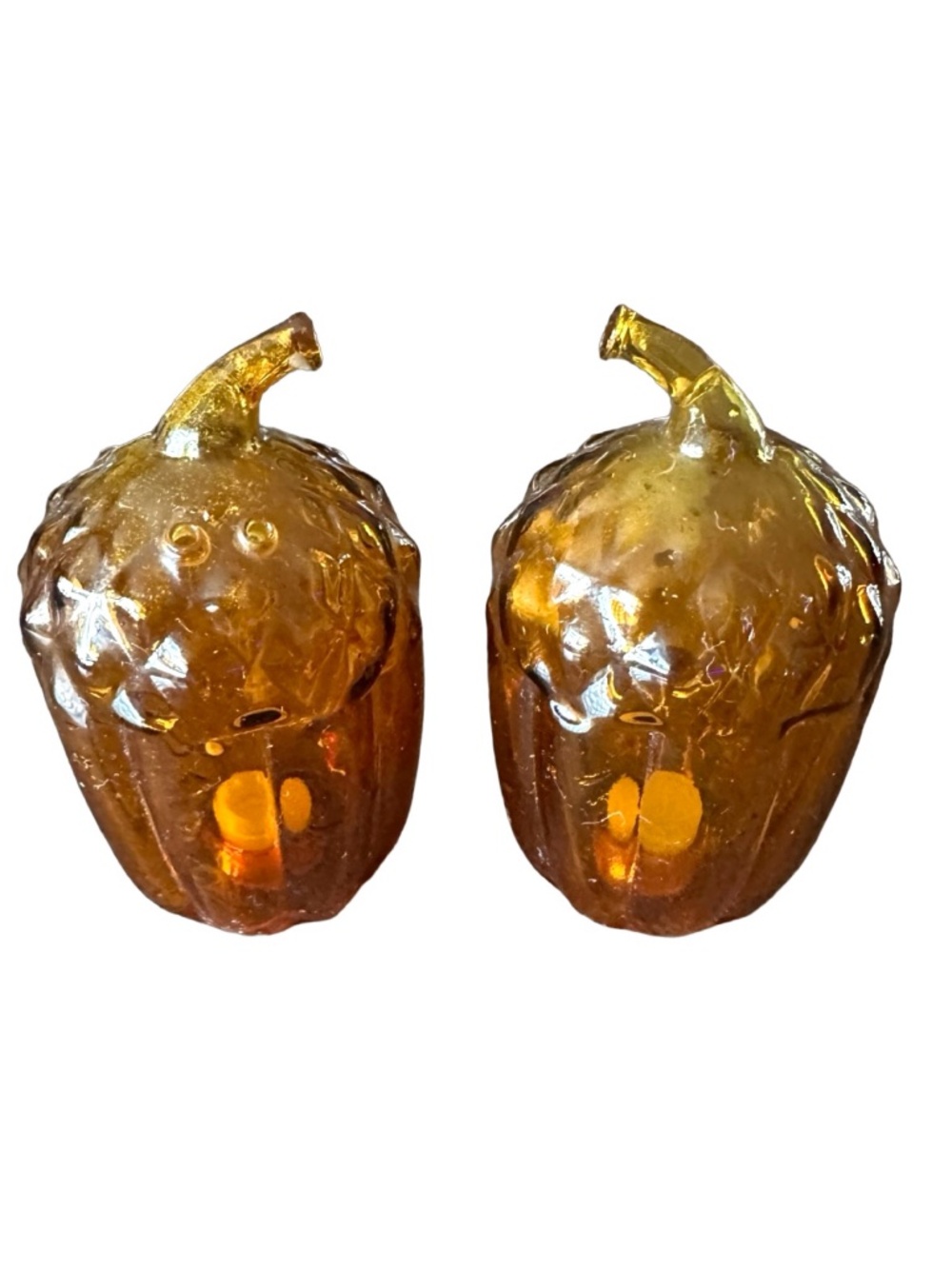 PIER 1 IMPORTS Amber Glass Salt & Pepper Shaker 3 1/4” (set of 2) Acorn Shaped